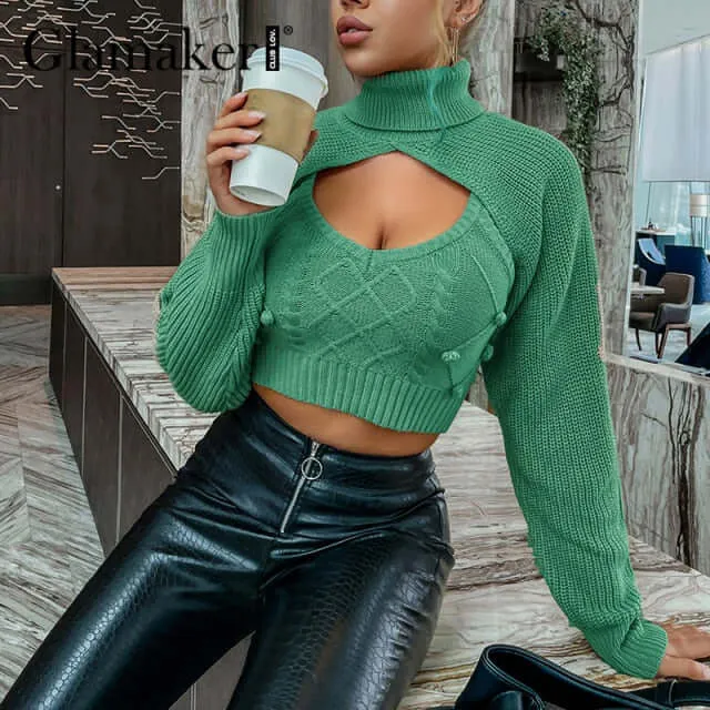 2 piece set women autumn winter turtleneck crop sweaters