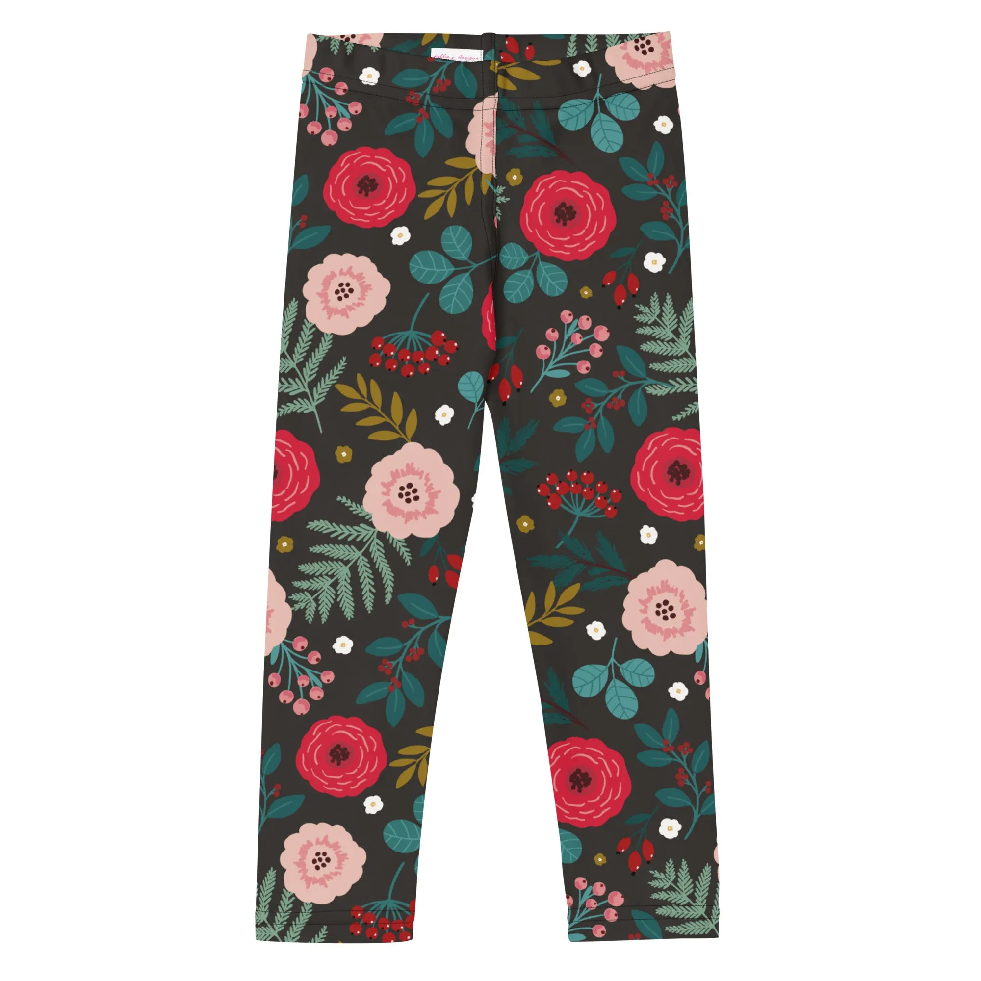 Dark Brown, Pink & Green Floral Kid's Leggings (2T-7)