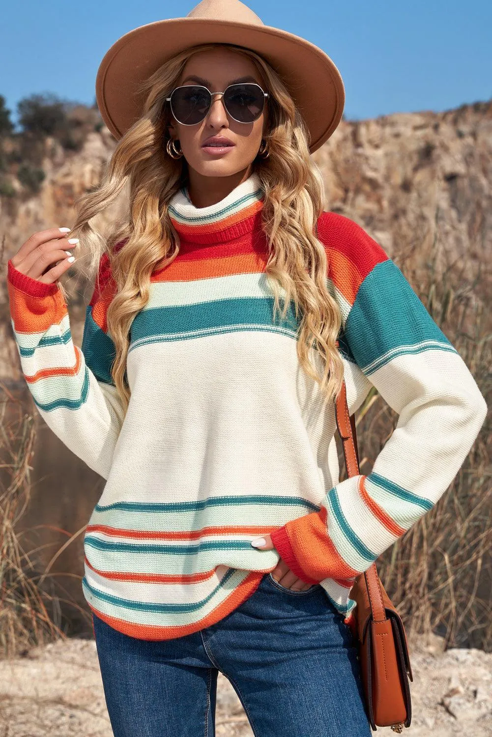 Hazel Blues® | Striped Turtleneck Drop Shoulder Sweater