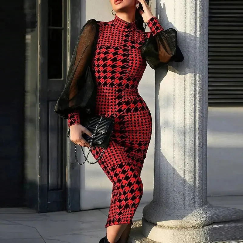 Houndstooth Mid-Collar Mesh Sleeve Dress