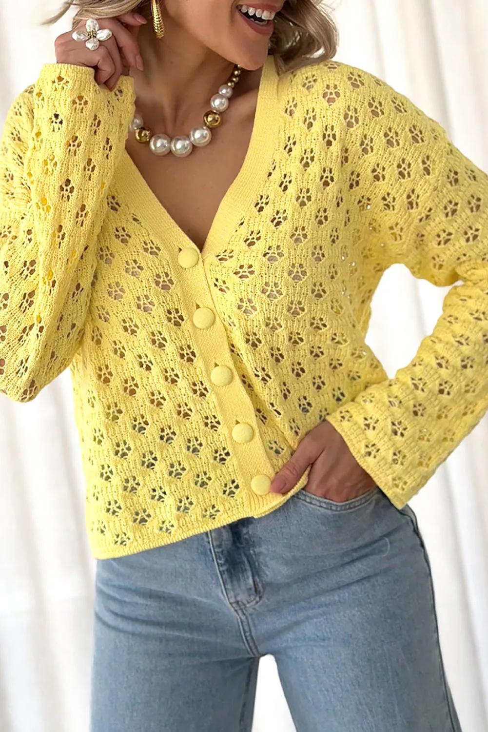 KaleaBoutique Pointelle Knit V Neck Sweater Cardigan