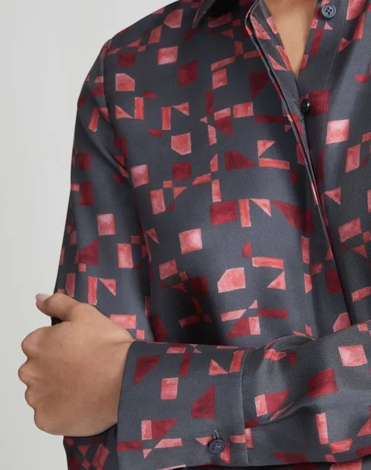 Lafayette 148 Scottie Silk Twill Print Blouse in Steel Multi