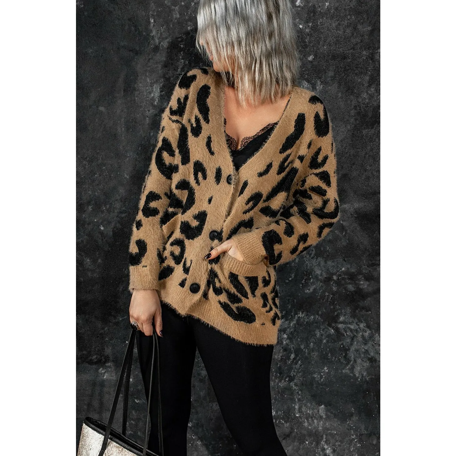 Leopard V Neck Buttons Sweater Cardigan with Pockets