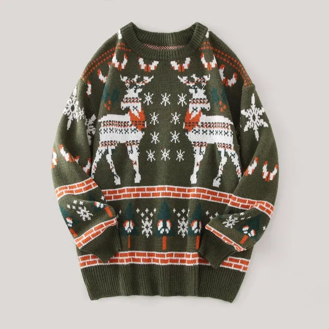 Men Casual Christmas Deer Print Sweater Long Sleeve Round Neck Sweater Blouse Winter Clothes Sweater Vinage Oversize Sweaters