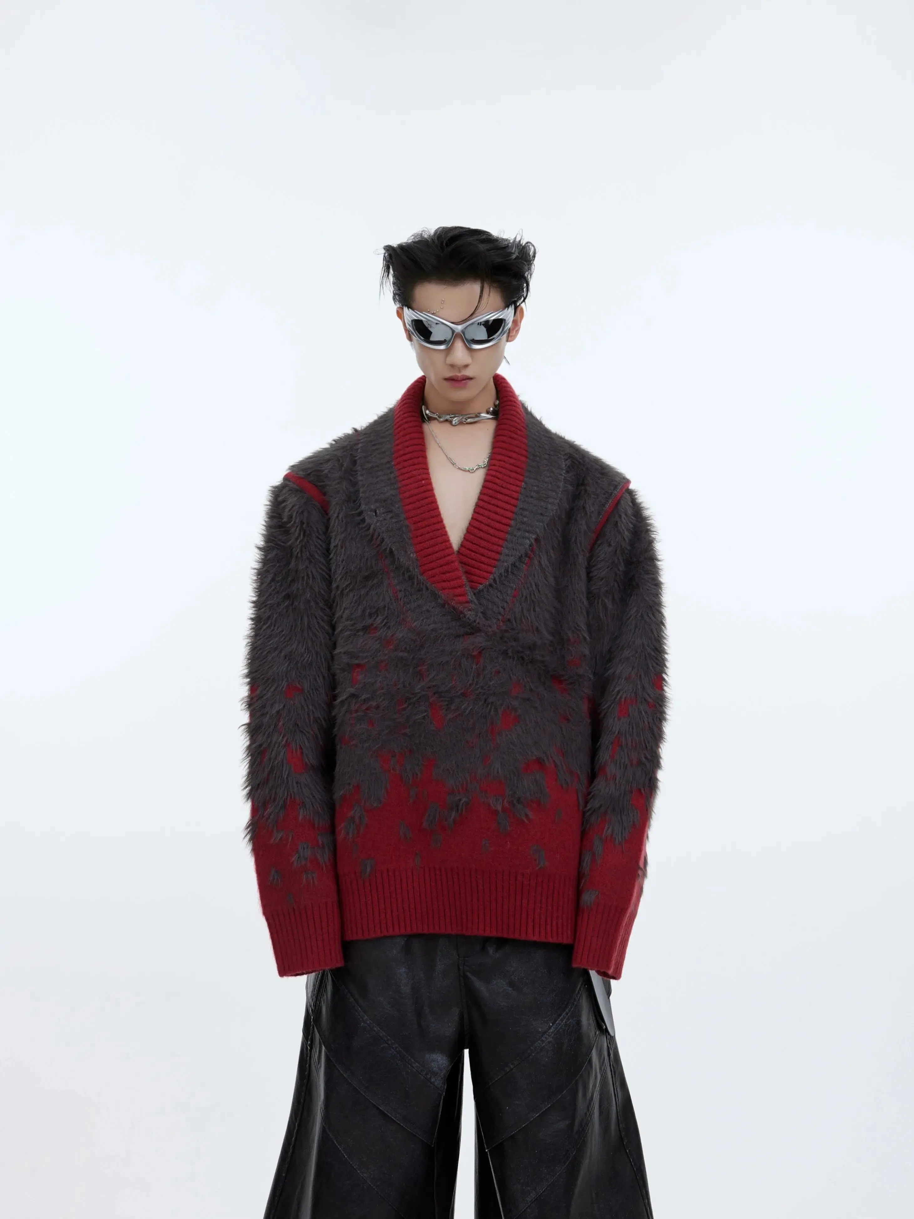 Ombre V-Neck Faux Mink Plush Sweater
