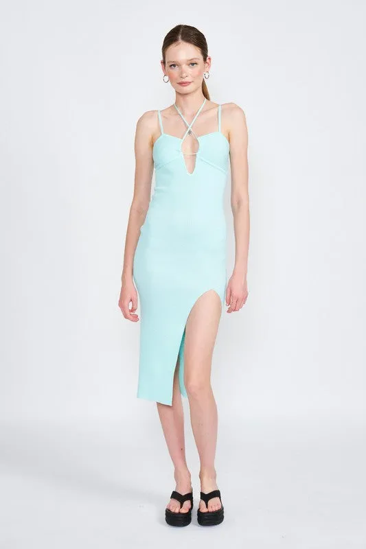 SPAGHETTI STRAP MIDI DRESS WITH SLIT
