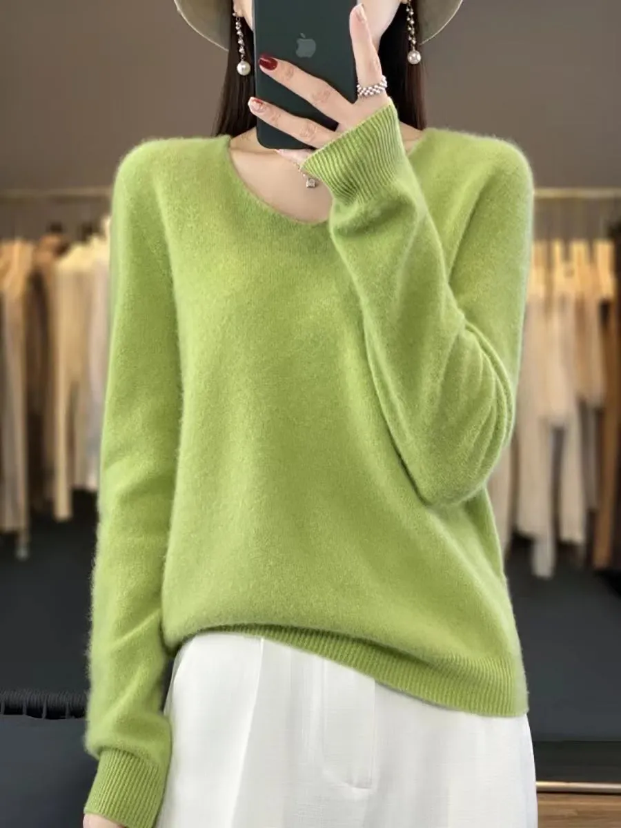 Women Autumn Pure Color V-Neck Knit Sweater