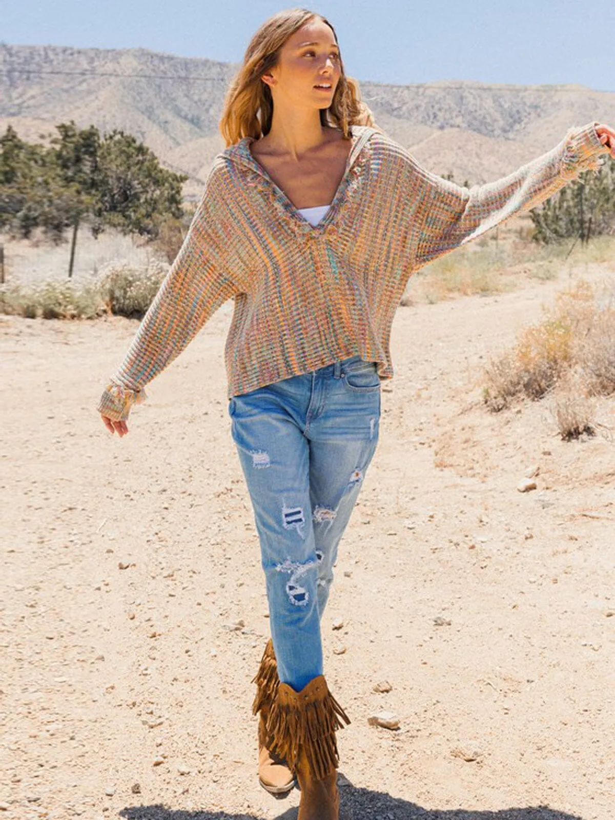 WOMEN'S LONG SLEEVE V-NECK COLLAR MULTI COLOR SWEATER