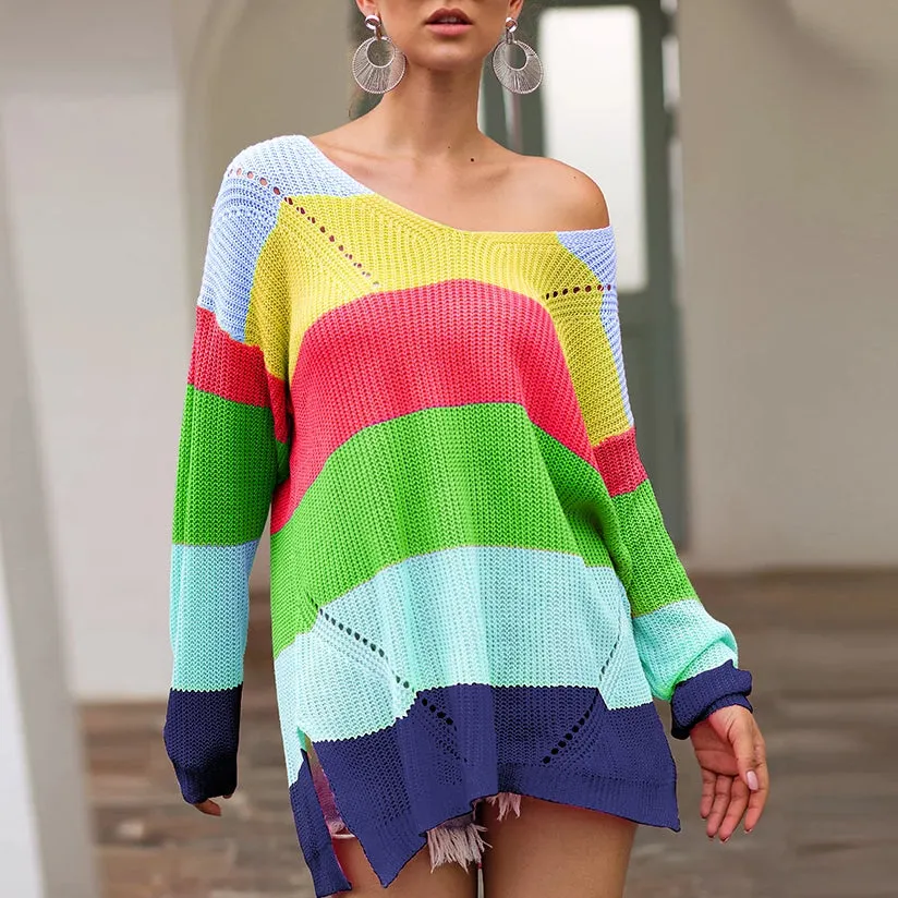 Women‘s Loose V-neck Rainbow Stripes Long Sweater